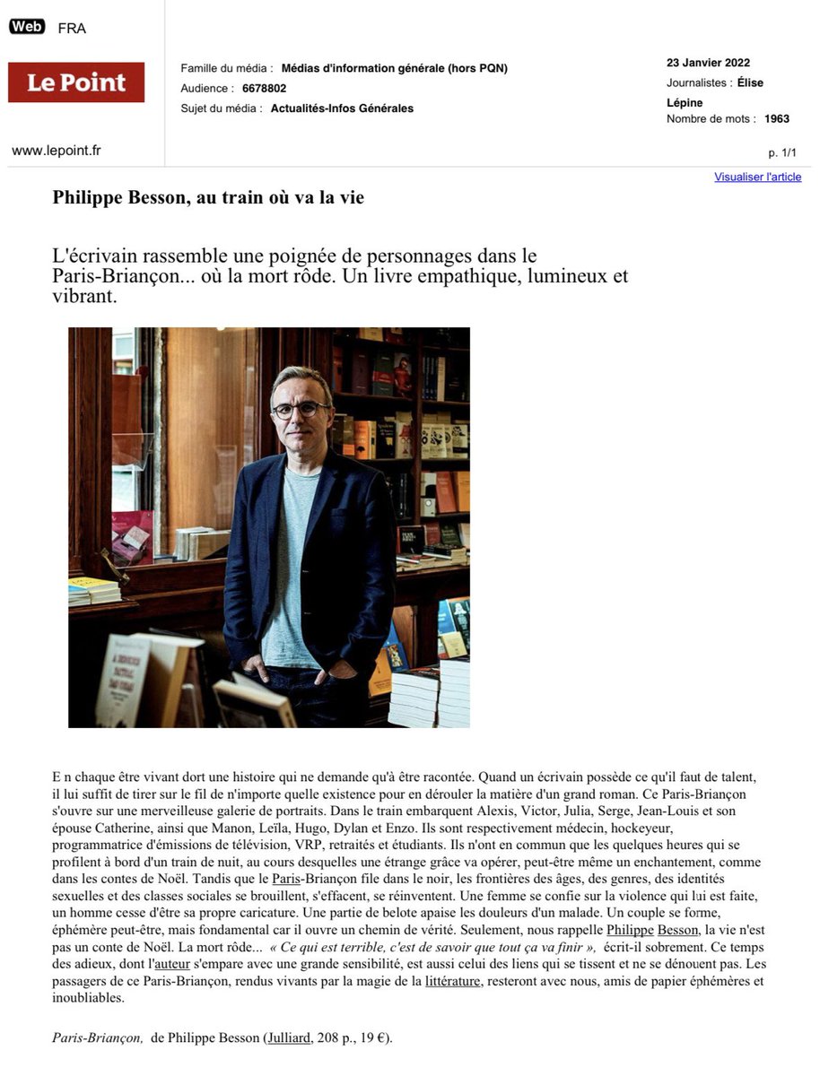 alina_gurdiel's tweet image. #PRESSE #PhilippeBesson @Ed_Julliard 
« Les passagers de ce #ParisBriancon, rendus vivants par la magie de la littérature, resteront avec nous, amis de papier éphémères et
inoubliables » par @LepineEl pour @LePoint