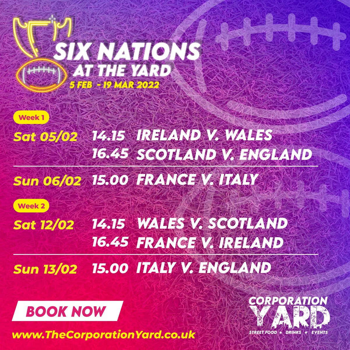 CorpYard's tweet photo. Check all the dates of this year's Six Nations games...join us for a pint and street food! Book now at https://t.co/ncNyM4DO2G https://t.co/jEUihunKdF