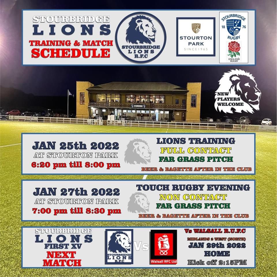 Stourlions's tweet photo. Training+match schedule for this week.
Whether you’re new to the area/club or looking to make a comeback, it’d be great to see you at training. A good way to stay fit, socialise+get some fresh air. Please get in contact if you have any questions.
#GetInvolved #lionslionslions https://t.co/0fzdyJvCZu