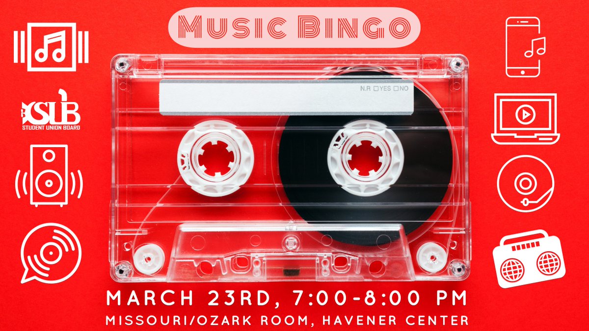 SandTSUB's tweet photo. Come join SUB for some music Bingo! Starts at 7:00 pm on March 23rd in the Missouri/Ozark room of Havener Center. Prizes will be available! https://t.co/P7ophmhAJT