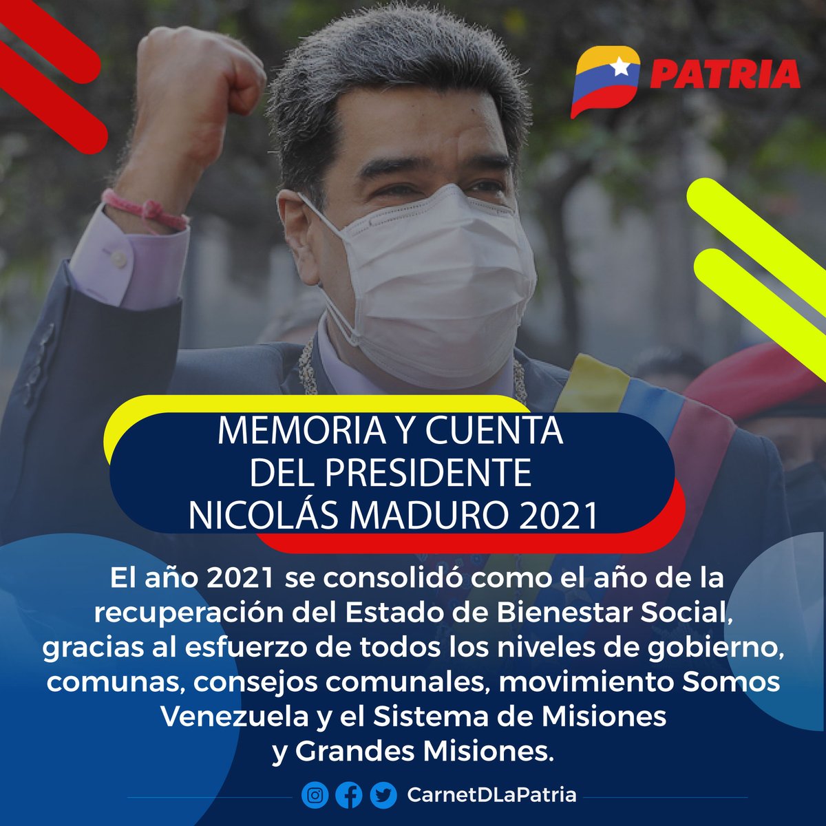 CarnetDLaPatria's tweet photo. #ATENCION El año 2021 se consolidó como el año de la recuperación del Estado de Bienestar social. El #SistemaPatria, siempre en pie de lucha por la atención y felicidad del pueblo venezolano. 

#LaCovidNoEsJuego #24Ene https://t.co/OvEHkKEAtD