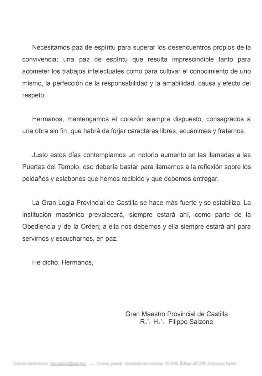 «Solo con Serenidad, amor fraternal e introspección seremos capaces de profundizar en el estudio de los símbolos y en el descubrimiento compartido de los misterios que anidan en nuestro interior». (Discurso del R∴H∴ <a href="/FilippoSalzone/">Filippo Salzone.’.</a>)
