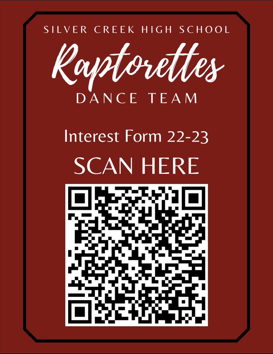 SCHSRaptorettes's tweet photo. Tryouts are right around the corner! Fill out our tryout interest form to get info on prep clinics and more! @SCRaptorsAD @SilverCreekRABC #tryouts #danceteam https://t.co/kZLI6lKlPn