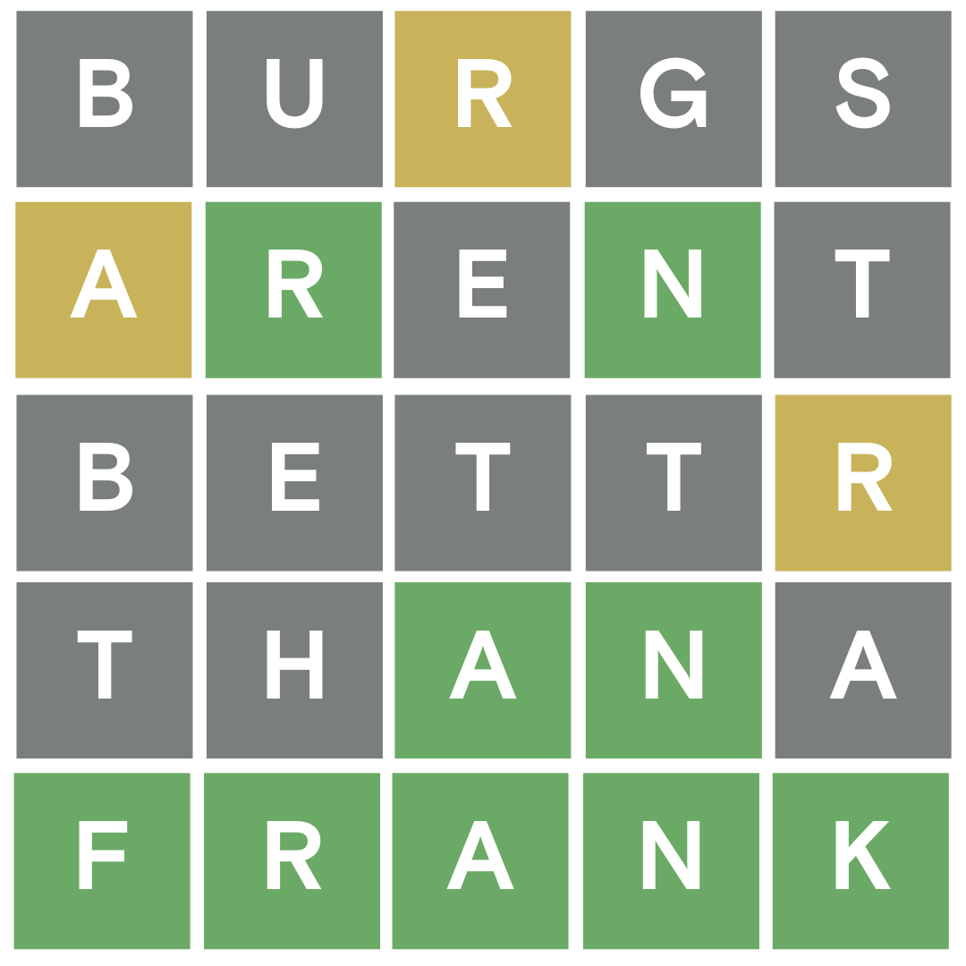 Wordle 5/5

#Wordle

Hot Take: Burgers AREN'T better than franks. #Wordle219 #Wordle219X