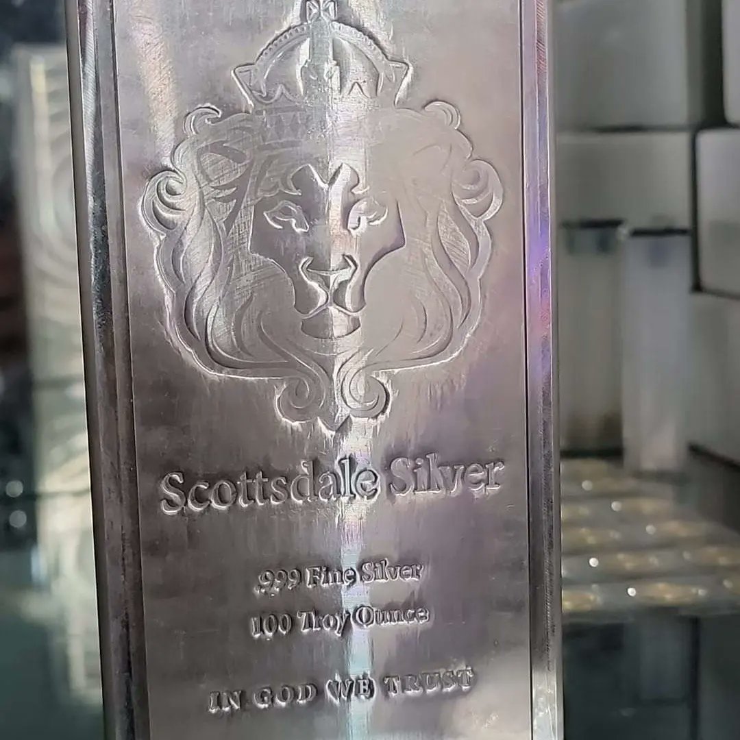Agate07's tweet photo. SCOTTSDALE 100 OZ BAR 

2750  SHIPPED. 

FIRST BIN GETS IT! https://t.co/v9OtdWDr40