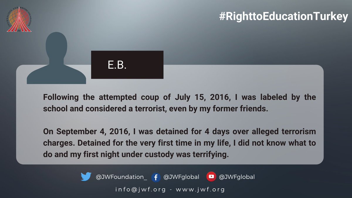 JWFoundation_'s tweet photo. E.B. I was detained for 4 days over alleged terrorism charges. Detained for the very first time in my life, I did not know what to do and my first night under custody was terrifying. #RighttoEducationTurkey @UN_HRC 
@hrw
@UNhumansecurity https://t.co/ePwNKBhENl