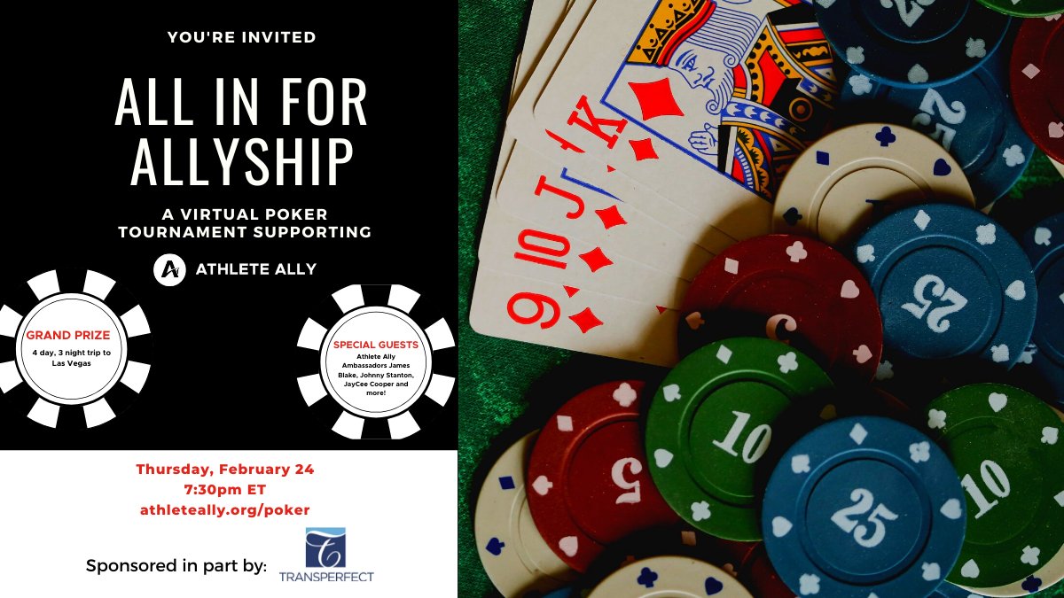 Join us Thur Feb 24 for our next virtual poker tournament! We'll have remarks from <a href="/johnnystantoniv/">Johnny Stanton IV</a>, <a href="/JRBlake/">James Blake</a> &amp; @jayceeisalive, Vegas trip grand prize, a raffle &amp; more. Thank you to presenting sponsor <a href="/TransPerfect/">TransPerfect</a>! ♣️♦️🌈

Info/tix --> classy.org/event/all-in-f…