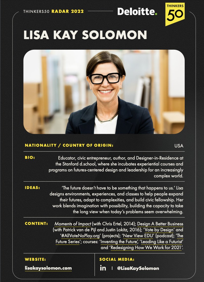 lisakaysolomon's tweet photo. I am so excited to announce that I have been selected for @Thinkers50 2022 Radar List! Having my work in leadership, education &amp; social impact recognized along w/ so many brilliant people from around the world is a true honor. #Thinkers50 #Thinkers50Radar https://t.co/b6l0TVdLlD https://t.co/D4tILhfHRl