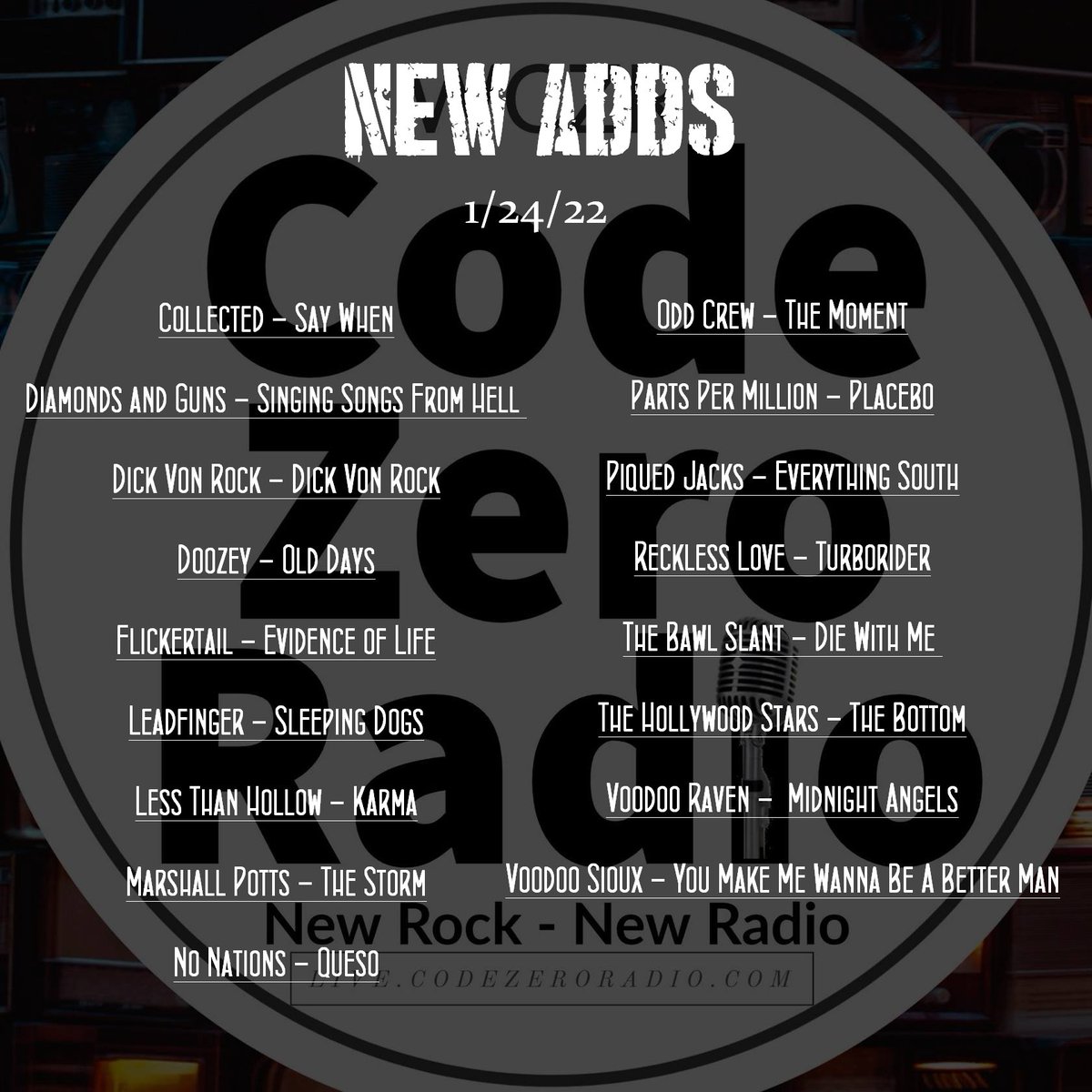 CodeZeroRadio's tweet photo. A veritable boatload of new tracks to unload on your earholes this week! 
Now in rotation, featured on Fresh Rocks everyday at 1 pm C plus select live shows AND available for request! Whew! Desktop or app. Links in bio #app #streaming #radio #alternativerock  #newrock #newradio https://t.co/KZbne7nuAN