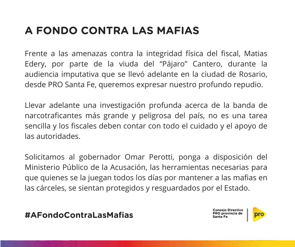 prosantafe_'s tweet photo. A FONDO CONTRA LAS MAFIAS

Desde el #ProSantaFe pedimos se proteja la integridad de los fiscales que están abocados a combatir a los narcos en la provincia de Santa Fe.

Repudiamos las amenazas y salimos a apoyar a quienes se la juegan para encarcelar a estos delincuentes . https://t.co/oMNoVqIzD5