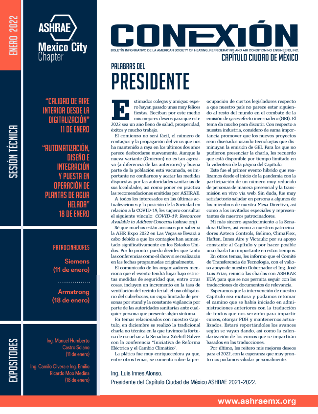 ashraecdmx's tweet photo. Estimada comunidad en #Twitter, presentamos nuestro #Boletín Conexión de Enero 2022.
Puedes visualizar el documento en el siguiente enlace: 
https://t.co/i5jKv686ob

Breve sinopsis de nuestros #webinars y actividades del mes.
#ashrae #cai #digitalización #vrv #calidadambiental https://t.co/TiDOT9XBLJ