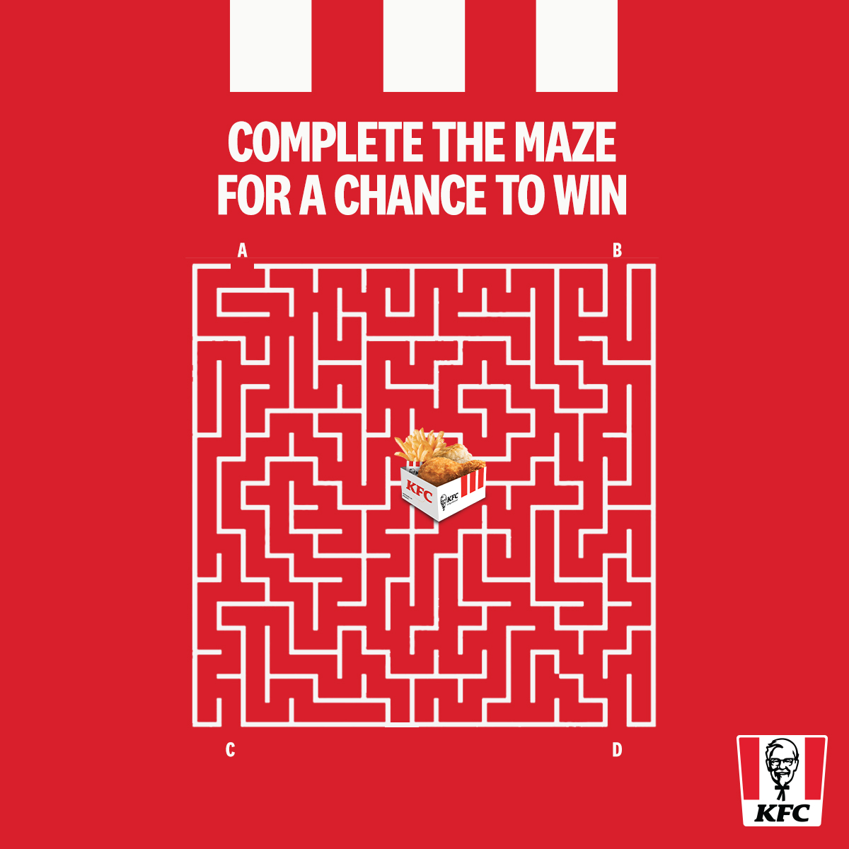 kfcjamaica's tweet photo. Can you guess the right path to KFC goodness???
Choose the correct path to the center to win a free Chicken Box combo! Six winners will be chosen at random!
#KFC #KFCMaze #MondayMaze #MazeMonday #KFCChickenBox #ChickenBox #ChickenBoxCombo #KFCLunch https://t.co/C0Qb8ETLDm