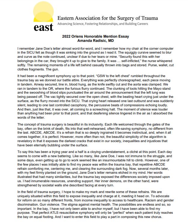 AmandaRadisic's tweet photo. Honored to have been named an Honorable Mention for the @EAST_TRAUMA 2022 Oriens Award and share a part of my story. Excited to join the field of trauma surgery and make my mark!
https://t.co/zRlkkoPdWS

#EAST2022 #MedTwitter #SoMe4Surgery #surgtwitter https://t.co/kS23iFtVSJ