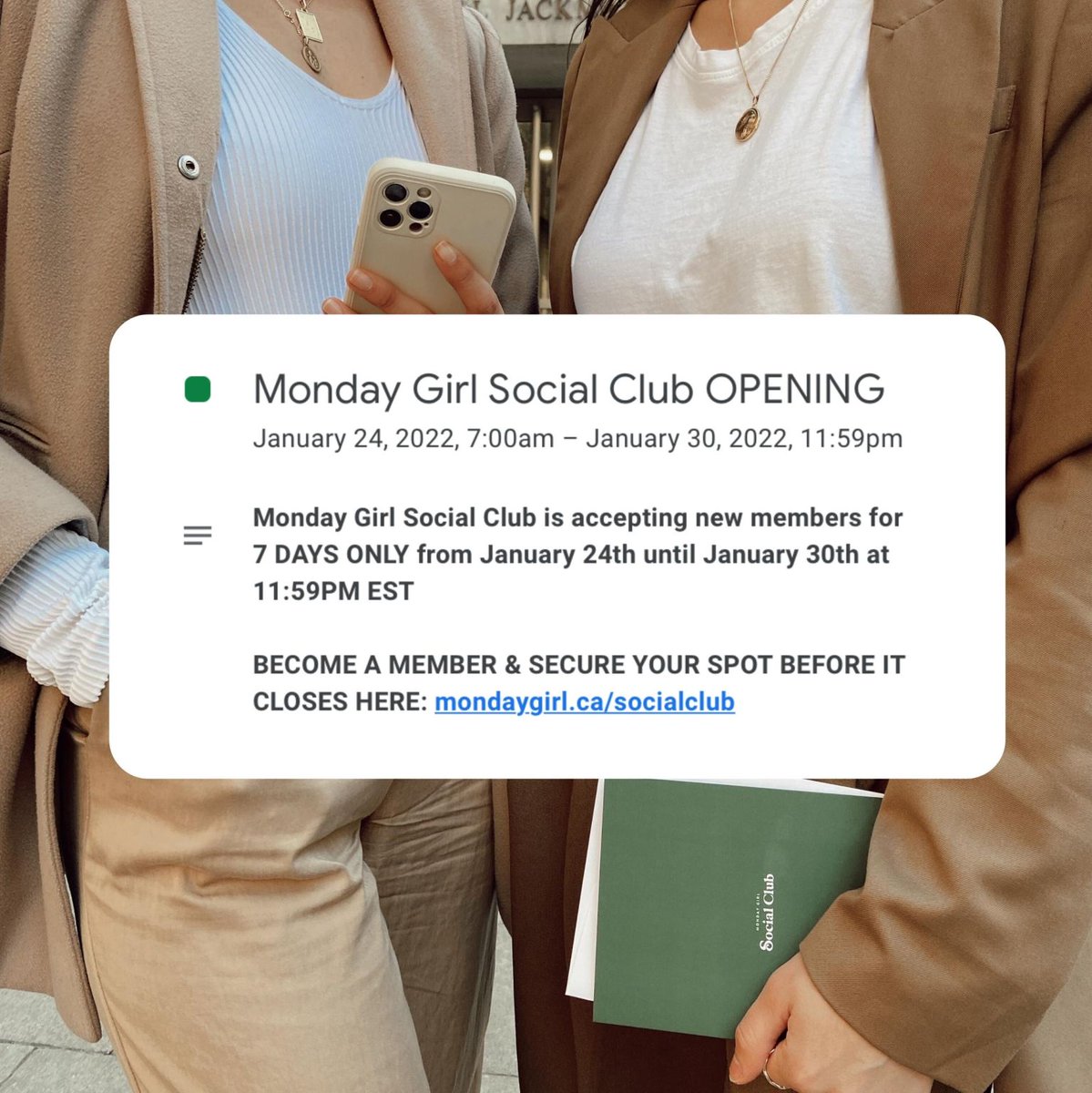 🚨This is NOT a drill!🚨 Social Club is BACK and accepting new members for 7 days only. This is your chance to join hundreds of ambitious women to build your network and finally level up your career this year. Join today: mondaygirl.ca/socialclub