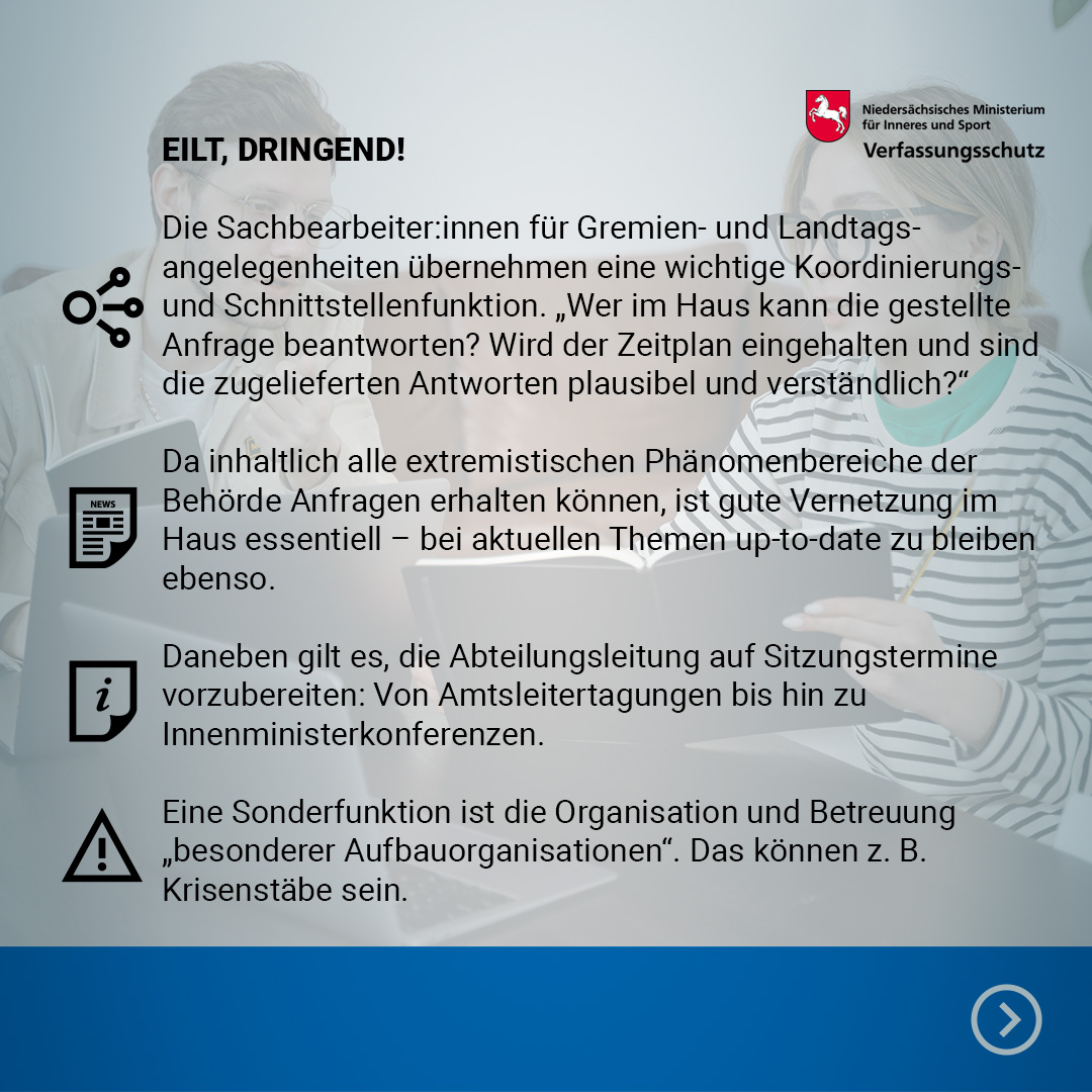LfV_NI's tweet photo. Eben noch Thema in den Nachrichten, jetzt die @LT_Nds-Anfrage auf dem Tisch. Alltag bei unseren Sachbearbeiter:innen für Landtags- und Gremienangelegenheiten. Erfahrt mehr über eine Schnittstelle zwischen Politik und Verfassungsschutz. 🔽 https://t.co/1IDp7WgWhv
