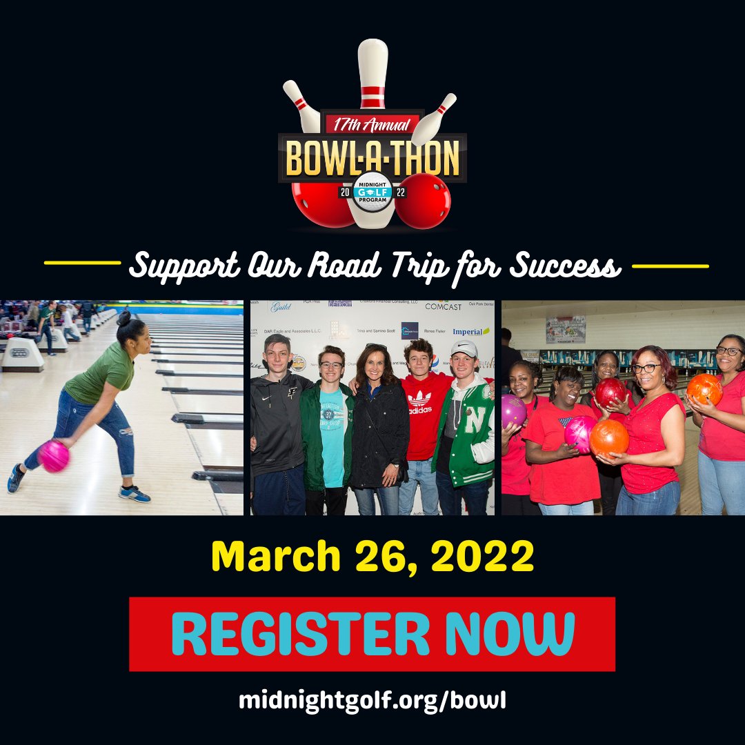 MidnightGolf's tweet photo. Join us at the 2022 Bowl-A-Thon 🎳! Support the MGP Road Trip for Success while having fun with us at Thunderbowl Lanes on March 26th. Registration and sponsorship opportunities at https://t.co/MaOi51gUMj
#bowlathon #thunderbowllanes #midnightgolfprogram #roadtripforsuccess https://t.co/lk7DNPzmed