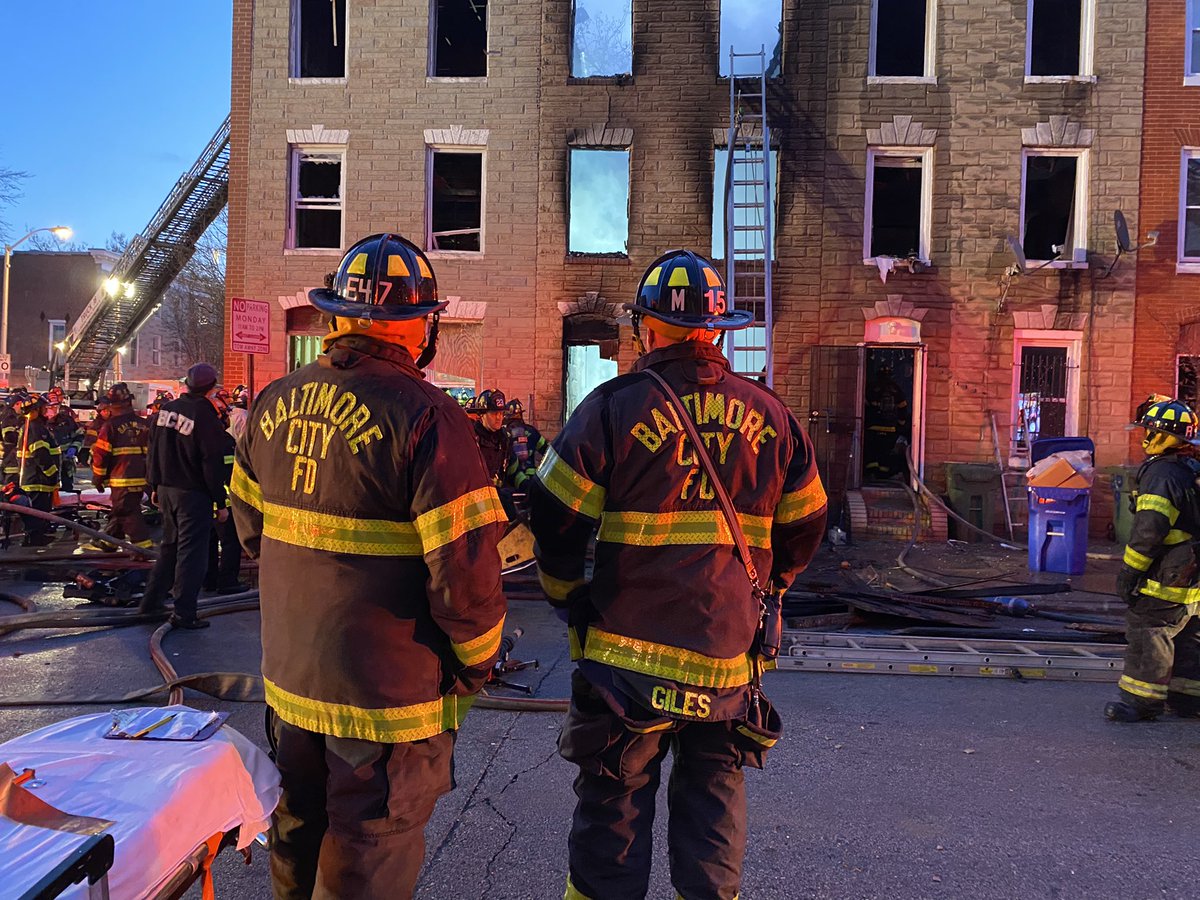 NilesRFord's tweet photo. This morning when responding to a 2-alarm fire in the 200block of S. Stricker Street, firefighters were inside battling a fire in a 3 story vacant rowhome. While doing so, a partial collapse occurred a four members were trapped inside. https://t.co/52Df3SzFt8