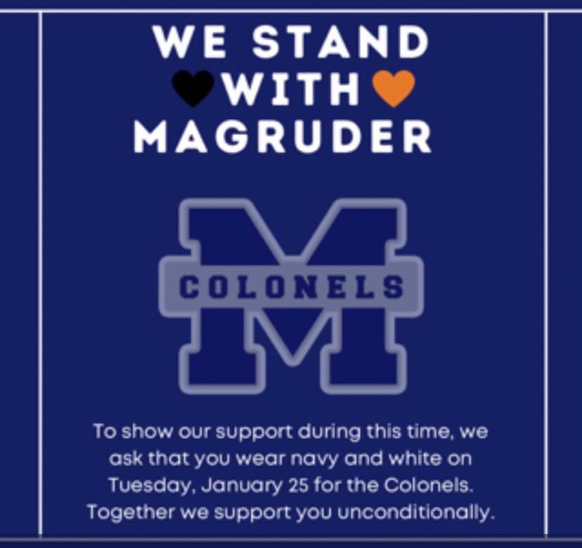 Our hearts go out to the Magruder community. Show them your support by wearing white and navy on Tuesday, Jan. 25.
