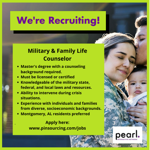 #counselors Pearl Interactive Network has an opening for a Military &amp; Family Life Counselor to support service members, their families, &amp; survivors with non-medical counseling in Montgomery, AL.
Apply: ow.ly/HCfi50HyjoP #counselorjobs #montgomery #veteranjobs #AlabamaJobs