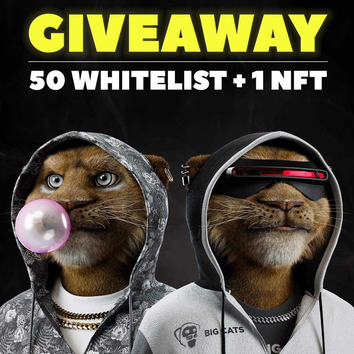 Big Cats NFT Giveaway!  

We’re giving away 50 WHITELIST + 1 NFT!

To enter: 
1️⃣ Like and Retweet
2️⃣ Follow us
3️⃣ Join our Discord (link in bio)
4️⃣ Tag 2 friends on this post 

Result in 48 hours! 

Good luck!