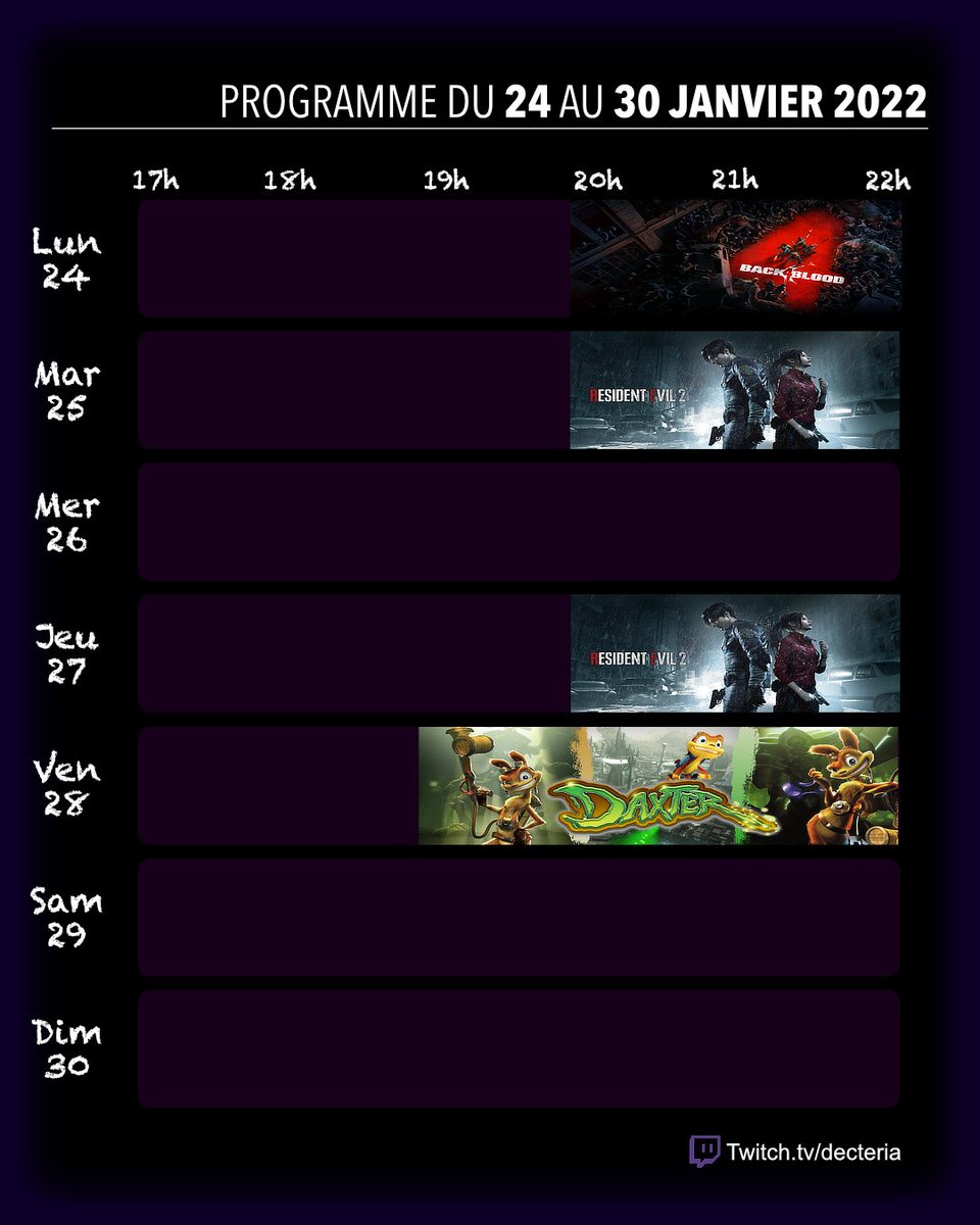 DecteriaGame's tweet photo. 📅 Programme Twitch 📅 

⬇️ N'hésitez pas à me suivre ⬇️

Facebook : https://t.co/8uyDrx2hwp
Instagram : https://t.co/U8855B01OY
Discord: https://t.co/6aqDxFlo1m
Twitch : https://t.co/6tRYNFaPPN

#gamingcommunity #gaminglife #gamingposts #gamer #game #twitch #twitchfr #planning https://t.co/v0DI1FUtOH