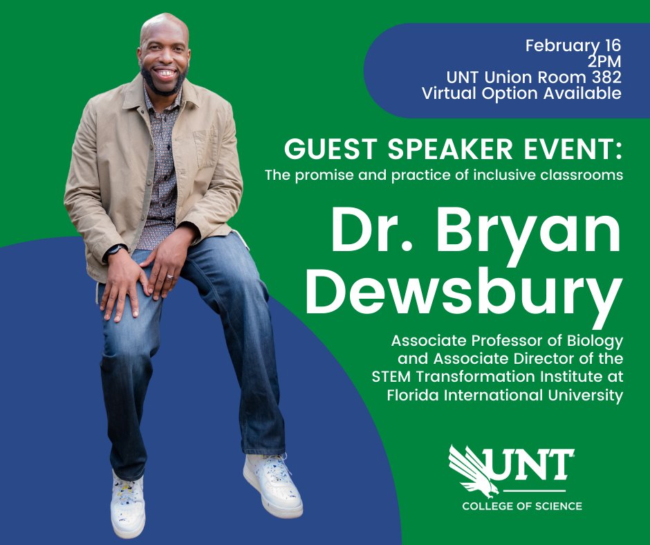 UNTScience's tweet photo. We're excited to announce an upcoming guest speaker event on February 16 with Dr. Bryan Dewsbury, Associate Professor of Biology and Associate Director of the STEM Transformation Institute at @FIU. For more information visit: https://t.co/QkQZNazjEd https://t.co/z5OJwTK1t5