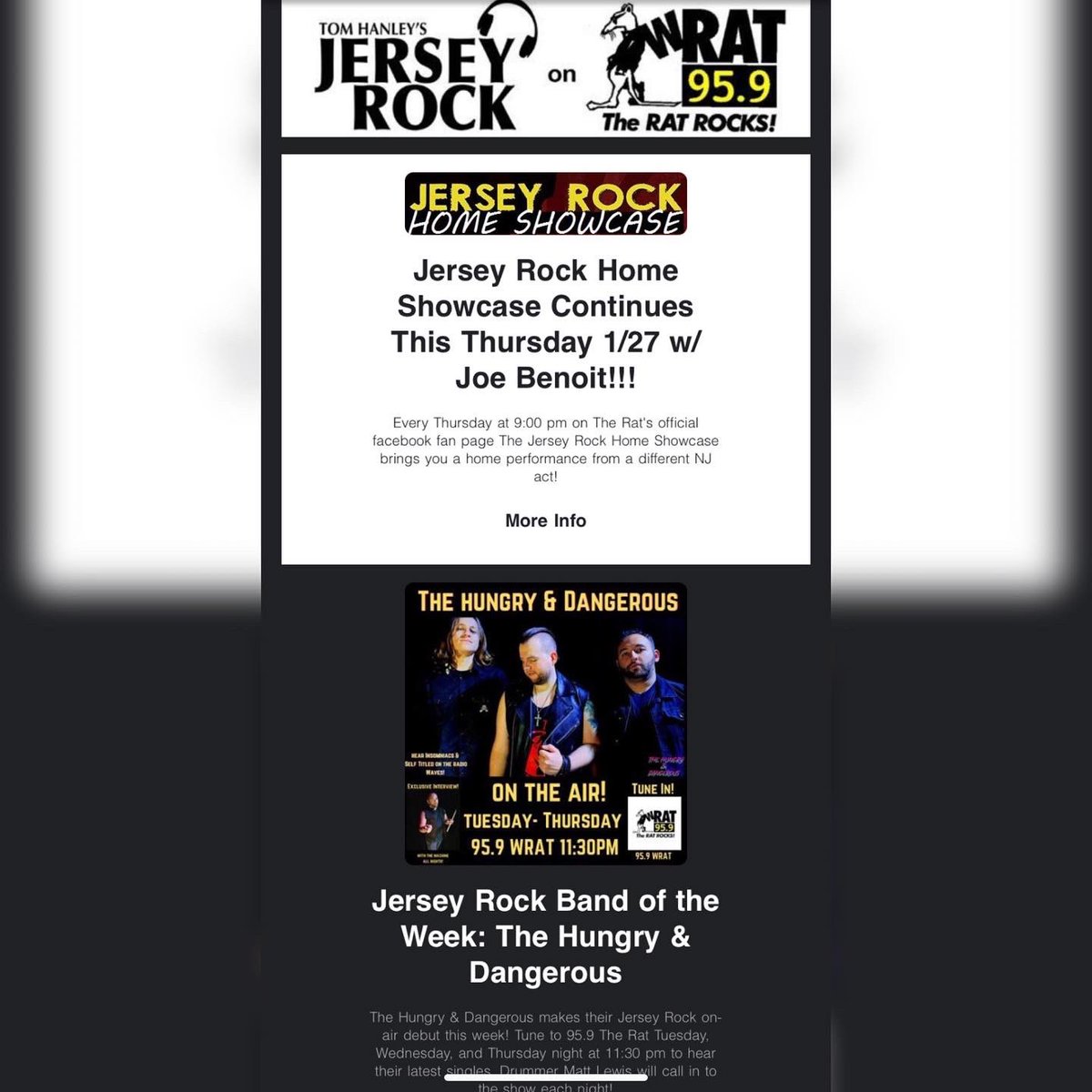 DangerousHungry's tweet photo. We are @959TheRat @jersey_rock band of the week! Much love for the front and center feature on the newsletter and the amazing write up! Tune in Tuesday-Thursday at 11:30pm to hear our tunes spinning and exclusive interviews w/@MattLewisHandD on all things H&D! Link in bio! #WRAT https://t.co/N5jT1uJXSe