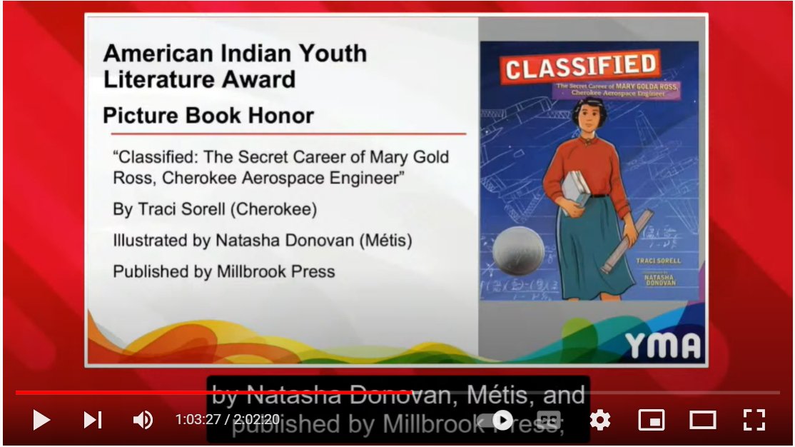 90secondnewbery's tweet photo. Congratulations @tracisorell & @natashamdonovan on American Indian Youth Literature Award Picture Book Honor for Classified: The Secret Career of Mary Gold Ross, Cherokee Aerospace Engineer!! @LernerBooks https://t.co/fGtyBTPEoK #alayma #LibLearnX #ReadNative https://t.co/A7ItijPtme