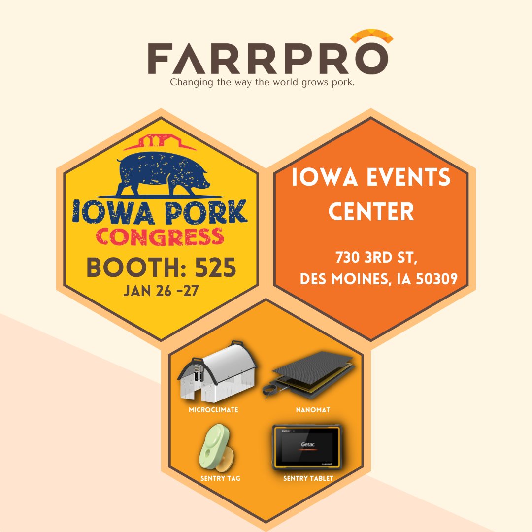 FarrPro's tweet image. On January 26 our team at FarrPro will be at the Iowa Pork Congress! 

Stop by our booth (booth 525) and speak to our team!

We will have the MicroClimate, Nanomat, Sentry Tags, and much more out on display for you to test!

We look forward to seeing you there!
 #iowaporkcongress