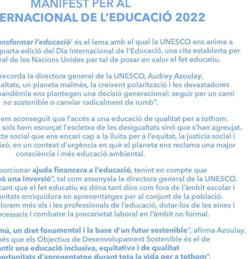 EducacioUIB's tweet photo. Avui és el DIA INTERNACIONAL DE L'EDUCACIÓ amb el lema "Canviar de rumb, transformar l'educació". Creiem en l'educació i volem apostar-hi!!!! #DiaEducació22 https://t.co/rUjqmjuRTJ