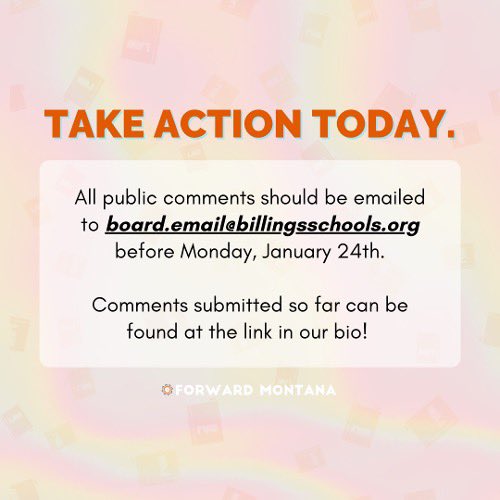 #ICYMI the Billings school board is discussing banning books with depictions of queer relationships, specifically Gender Queer and Lawn Boy. Email them today to make your voice heard. board.email@billingsschools.org