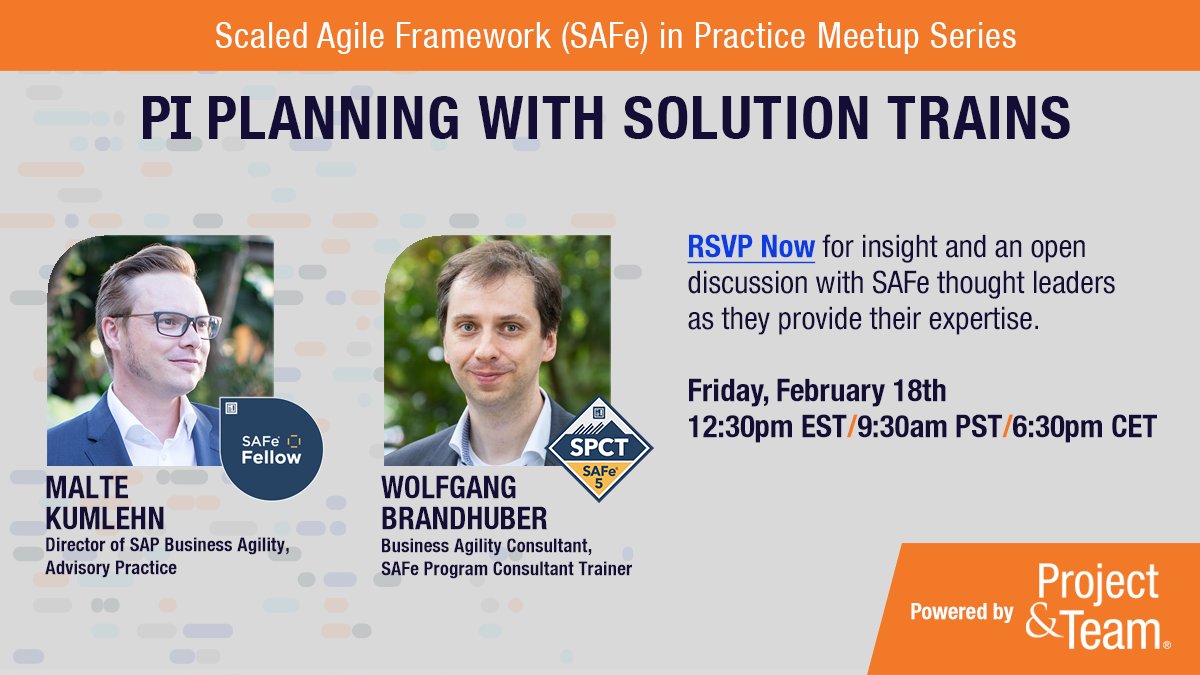 Meetup series continues! Join us February 18 to hear @SAPAgility &amp; @wBrandhuber discuss PI Planning with Solution Trains. Register here: meetup.com/Scaled-Agile-F… #agile #solutiontrains #piplanning #thoughtleadership