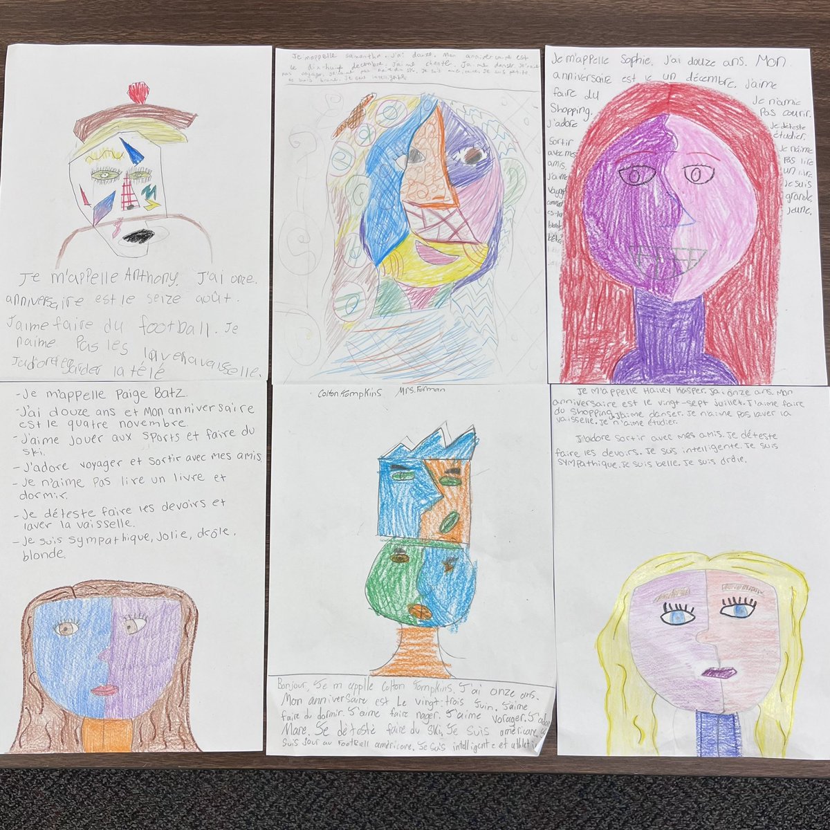 HiltonCSDFrench's tweet photo. 6th graders at Village and Northwood created Picasso-style self portraits along with sentences in French about themselves. Fun fact: Pablo Picasso was a Spanish-born artist who spent most of his adult life in France 🇫🇷. These were so fun! @HiltonCSD https://t.co/LQU2Jh2yDm