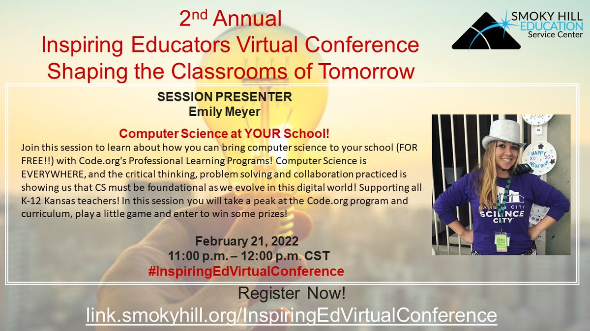 pkrausSHESC's tweet photo. Curious about how https://t.co/wqBFqp4sor can provide computer science curriculum and professional learning for educators for FREE? Register for the #InspiringEdVirtualConference for this session, one of over 40 sessions on Feb 21 or on-demand. @SmokyHillEd #SHESCPL #SHESCstem https://t.co/0lSuB4yx35