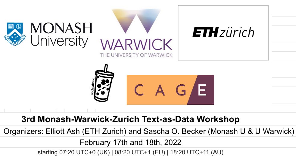 Schedule Now Online
3rd Monash-Warwick-Zurich Text-as-Data Workshop
Feb 17-18

bitly.com/mwz-sched-3

register here: bit.ly/mwz-reg
co-organized with @essobecker 

presentations by @cp_roth <a href="/JoWohlfart/">Johannes Wohlfart</a>   <a href="/LucaBellodi/">Luca Bellodi</a> <a href="/PaulRaschky/">Paul Raschky</a> <a href="/EleAla/">Eleonora Alabrese</a> <a href="/LeippoldMarkus/">Markus Leippold</a>