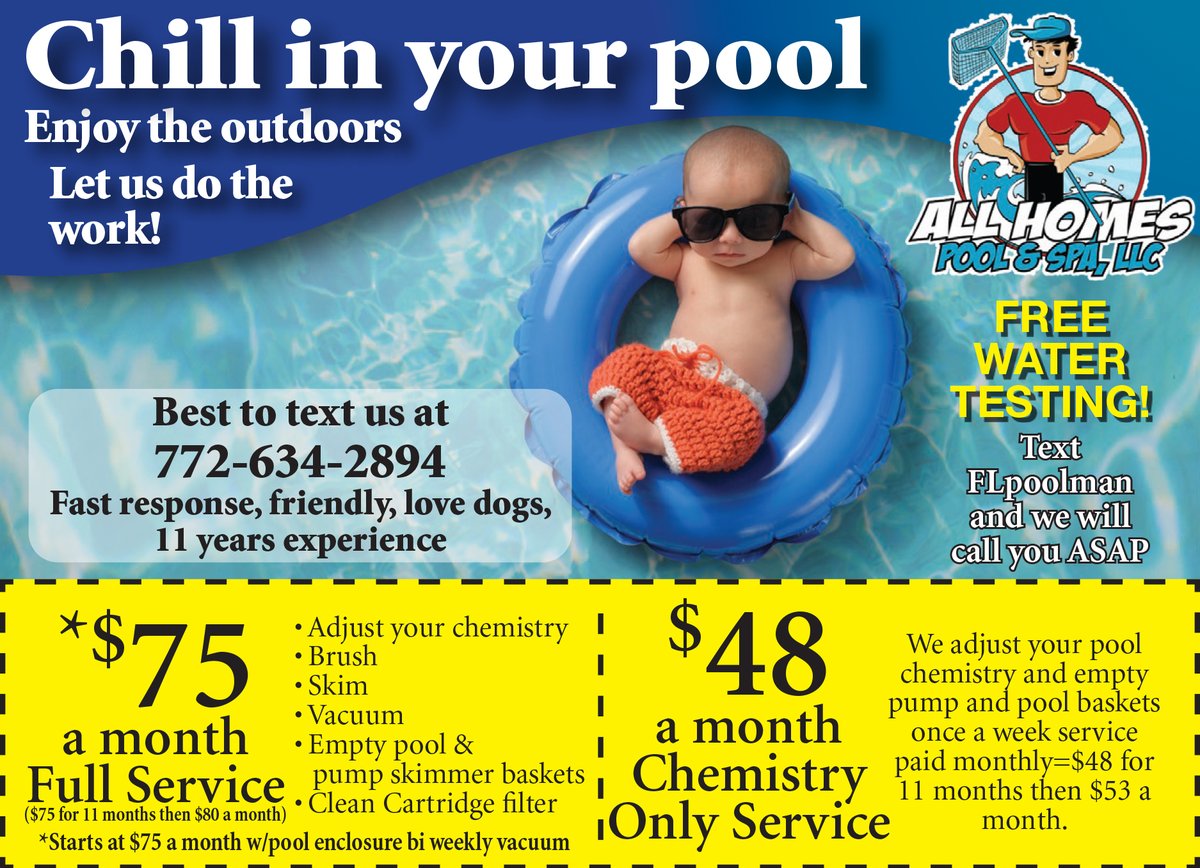 MyLivingMedia's tweet image. 🔥SIZZLIN’ DEAL🔥

Let the experts at All Homes Pool &amp;amp; Spa fully service your pool for ONLY $75/month 💧

#PoolService #PoolChemistry #PoolCleaning #PoolSkimming #PoolVacuum #WaterTesting #Free #PoolChemicals #PoolBaskets #PoolCleaner #Coupons #PortStLucie #StLucieCounty