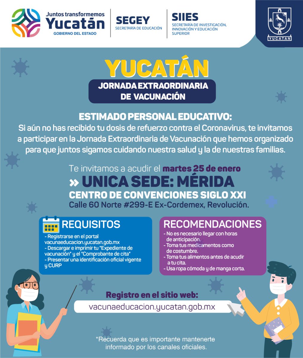 LiborioVidal's tweet photo. ESTIMADO PERSONAL EDUCATIVO:

Si aún no has recibido tu dosis de refuerzo contra el Coronavirus, te invitamos a participar en la Jornada Extraordinaria de Vacunación que hemos organizado para que juntos sigamos cuidando nuestra salud y la de nuestras familias. https://t.co/8wo34KLjtS