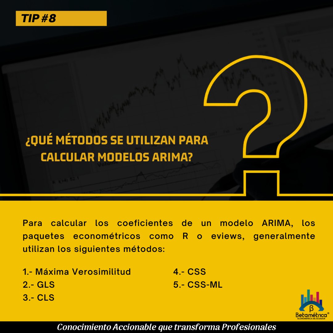 BetametricaEC's tweet photo. ¿Sabías que los modelos ARIMA no son estimados mediante MCO?

Se acude a otros métodos como el de MV, y demás descritos en en la imagen que compartimos contigo en la parte de abajo.

#SomosBetametrica https://t.co/baiH6fXAJs