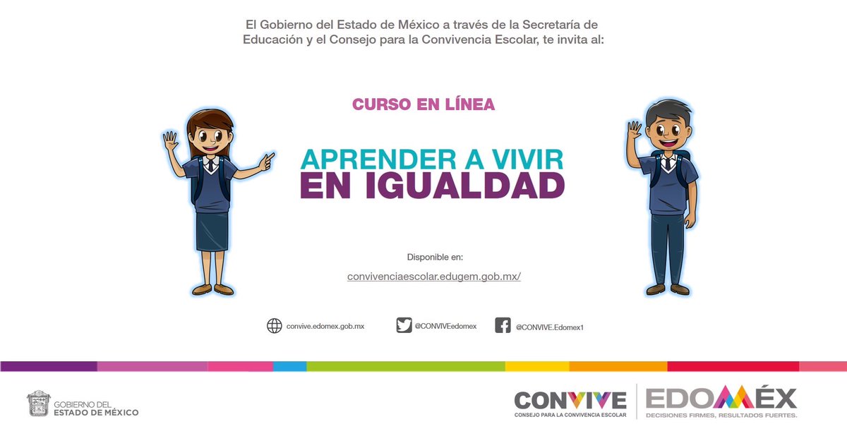 El curso en línea 💻 “Aprender a vivir en igualdad” tiene como objetivo sensibilizar en materia de género al personal docente y estudiantado mexiquense en el contexto educativo.
De manera gratuita en 👉🏻 convivenciaescolar.edugem.gob.mx
#CONVIVE
<a href="/SeducEdoMex/">Educación, Ciencia, Tecnología e Innovación</a> 
<a href="/geramonro05/">Gerardo Monroy</a> <a href="/LizOzunaRi/">Liz Ozuna</a>