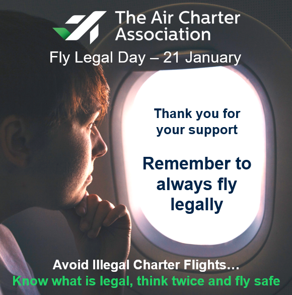 theaircharter's tweet photo. Thanks to all our members, wider industry and regulators, for showing your support for Fly Legal Day on Friday, 21 January. It is an important message; we have grown awareness of illegal aircraft charter. 
Remember: "know what is legal, think twice and fly safe". #flylegalday https://t.co/hiybBJvuLn