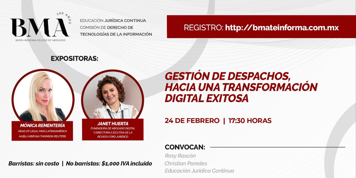 La Comisión de TI de la <a href="/BMA_Abogados/">Barra Mexicana, Colegio de Abogados A.C.</a> los invita para escuchar a <a href="/janet_huerta/">Janet Huerta</a> y M. Rementería, quienes nos guiarán para lograr una exitosa gestión de despachos hacia una transformación digital.

Les dejo los datos de registro: eventosbma.online/evento/gestion…