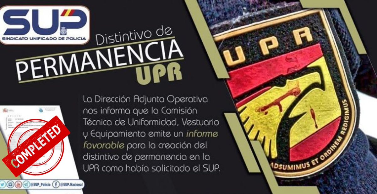 Sup_Policia's tweet photo. 🎖Hoy se publica en la #OrdenGeneral
el listado de los funcionarios de #UPR que pueden llevar el distintivo de permanencia de la unidad.
💪Por fin se hace realidad la petición de @Sup_Policia para reconocer el gran trabajo de nuestros compañeros
#SupLíderEnReivindicaciones https://t.co/1QXWTWBCLK
