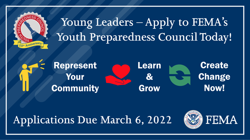 📣Attention young leaders! Applications for @fema's Youth Preparedness Council are open! If you are an 8th, 9th, 10th, or 11th-grade student and are passionate about making a difference in your community, apply today 👉 fema.gov/emergency-mana…

#YPC2022 #emergencymanagement