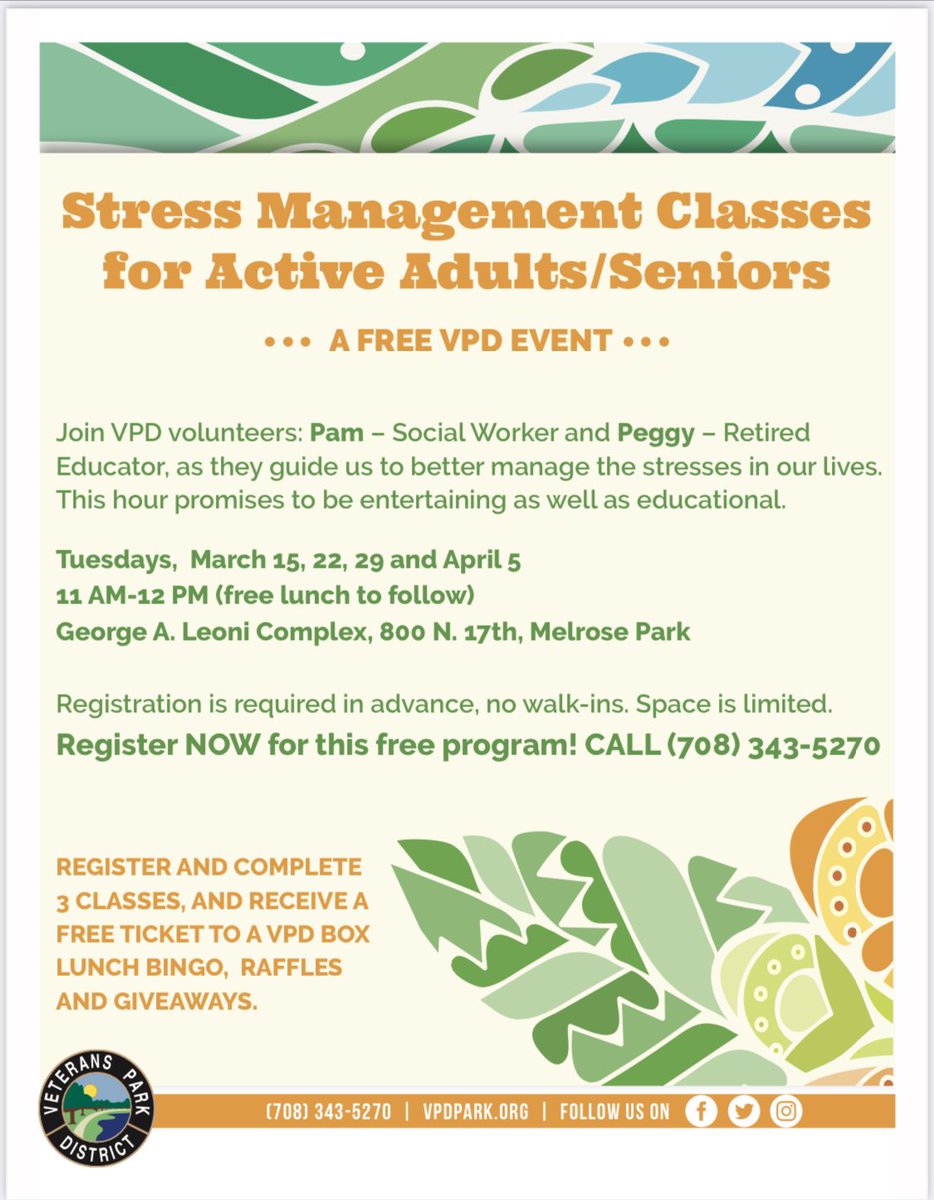VPDpark's tweet photo. Registration is now open call 708-342-5270, space is limited @VPDpark #seniors #stress https://t.co/UqtPzTkqIY