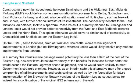 philatrail's tweet photo. HS2E to East Midlands Parkway then link to Sheffield and Nottingham. Better for the East Midlands but would not improve connectivity between East/West Midlands and Leeds/North East. 3/x. https://t.co/FIQvO2cHcA