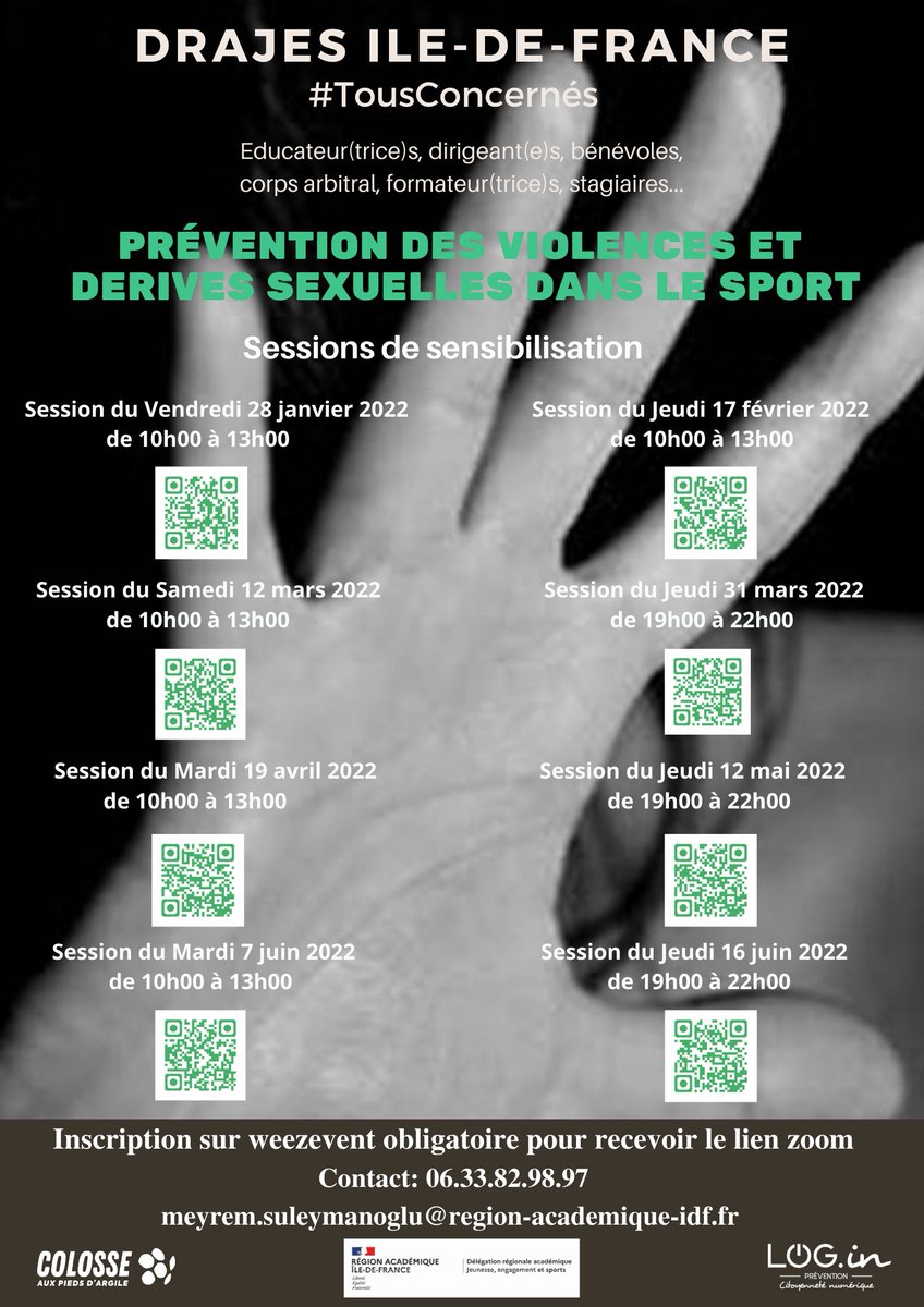 [Prévention des violences dans le sport]
Vous souhaitez être sensibilisé aux risques des violences sexuelles dans le sport ?
Inscrivez-vous à un des temps de sensibilisation organisé par la DRAJES et animé par @COLOSSEPIEDSDAR et <a href="/loginprevention/">LOG.IN</a>
