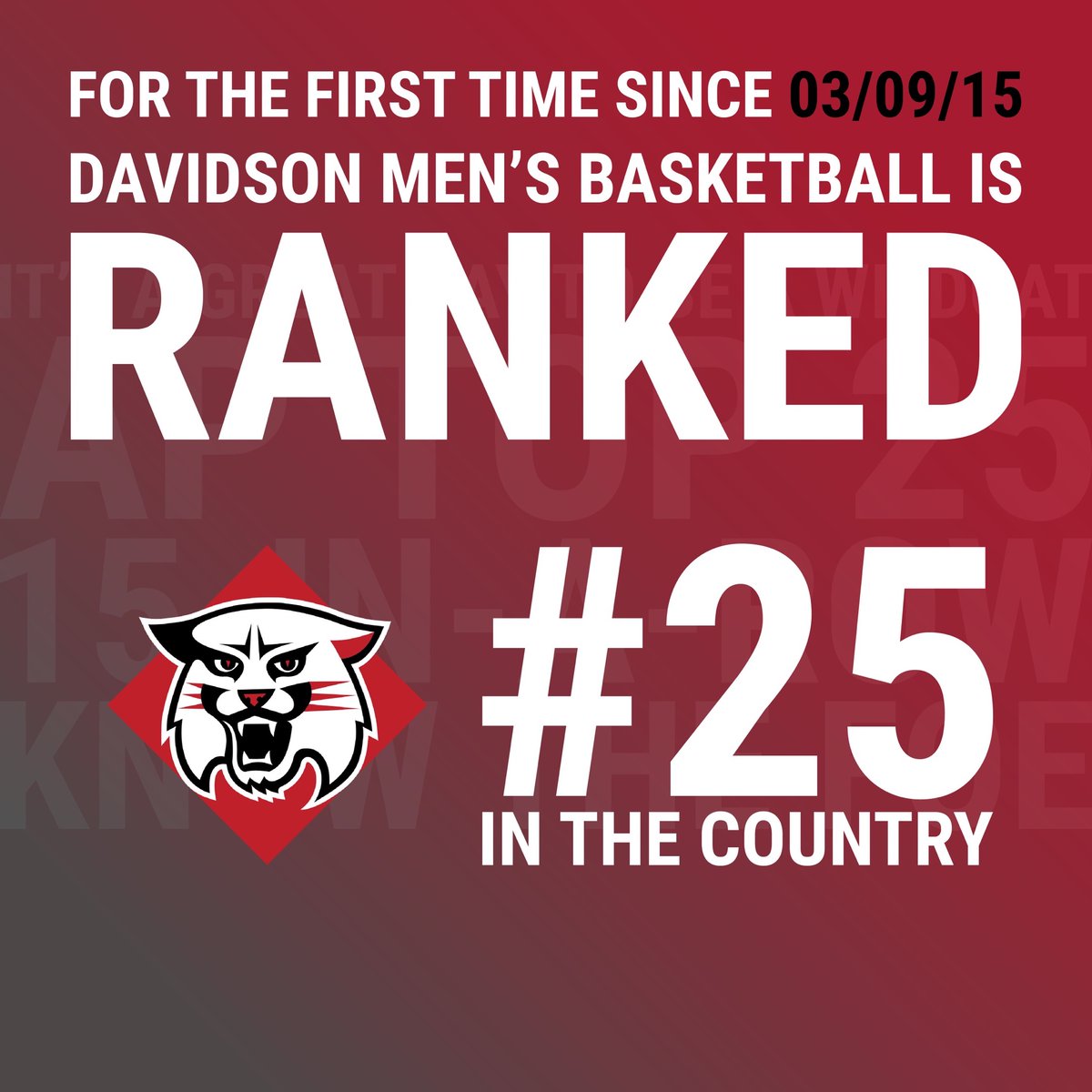 It’s a great day to be a Wildcat! <a href="/DavidsonMBB/">Davidson Basketball</a> is now ranked 25th in the AP Poll. 36 of the 61 voters in the poll had Davidson in their top 25, with the ‘Cats being ranked as high as 14th in one ballot.