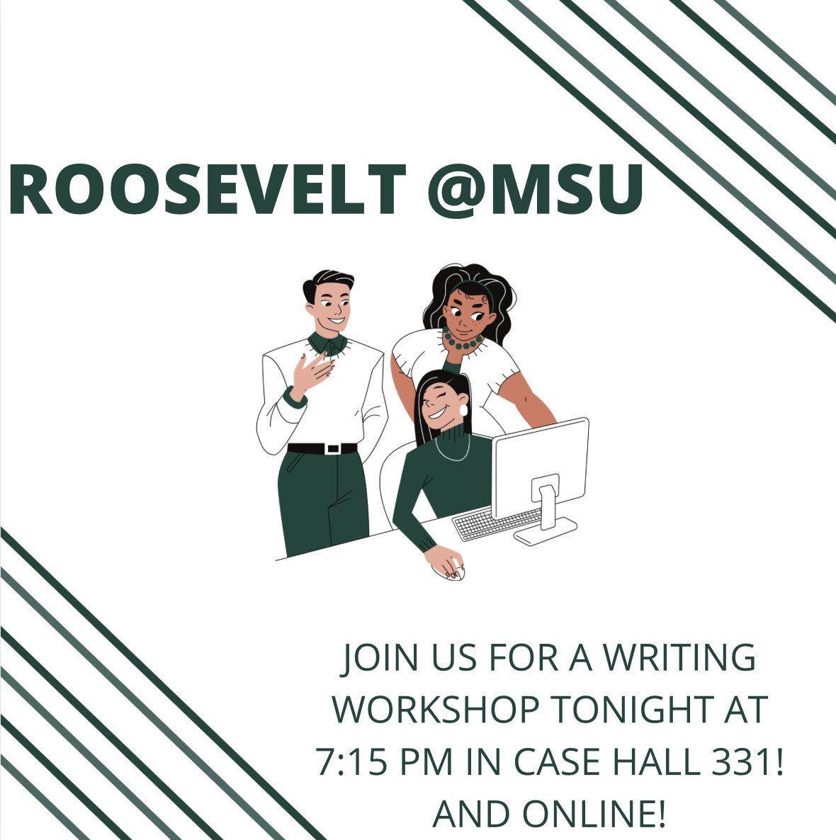 rooatmsu's tweet photo. Hey Spartans!

Join us TONIGHT (1/24) for our first meeting of the semester! We will be meeting at 7:15 pm in Case 331 and on zoom (link is in our link tree) to do a reintroduction of Roosevelt, how to use the slack, and review our policy ideas!! Hope to see you there! https://t.co/1QOoa5oNwx