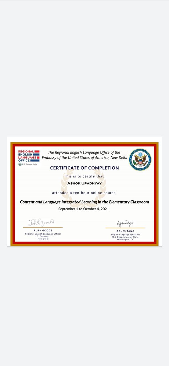 AshokUpadhyy's tweet photo. Certificate of Completion of
professional development course on "Content and Language Integrated
Learning with Dr. Agnes Tang.
#ReloIndia
#RELO
#DOE https://t.co/EdYto9iq9p