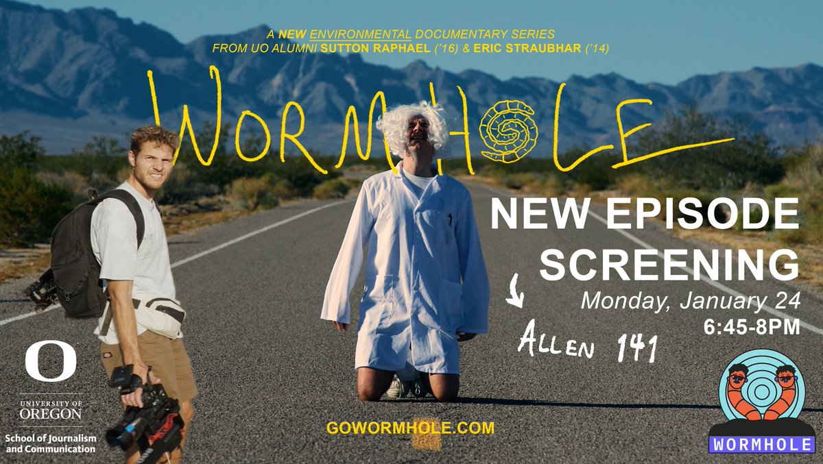 UOsojc's tweet image. Happening today at 6:45 p.m. in Allen 141. Join @uoregon alumni @suttonraphael and @Stroobios for the screening of their latest episode of "Wormhole," (@WormholeTV) a new environmental documentary series. Learn more: gowormhole.com